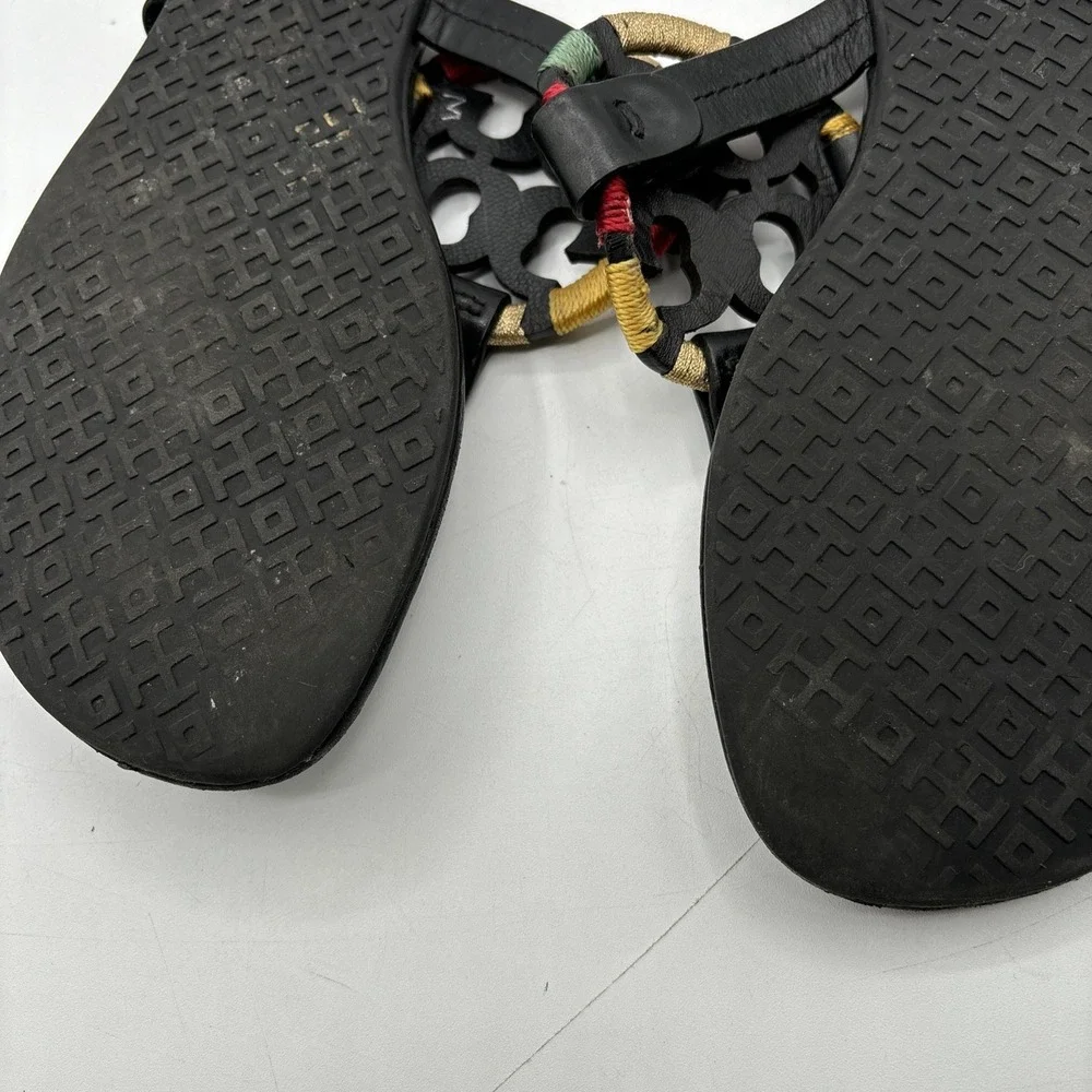 Tory Burch Miller Flats Women's 7 Black Thong Embroidered Colorful Logo Sandals